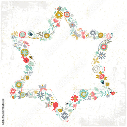 Star of David shaped floral ornament. Greeting Card. Template.