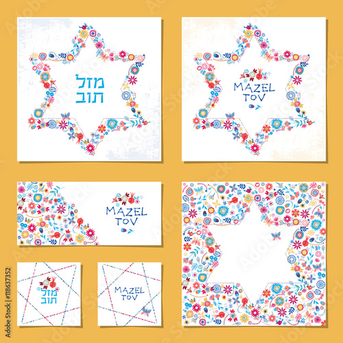 Set of universal cards with Star of David and hebrew words “Mazel Tov”. Congratulations. Template. 