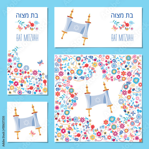 Set of Bat Mitzvah invitation cards with torah scroll and floral ornament. Templat