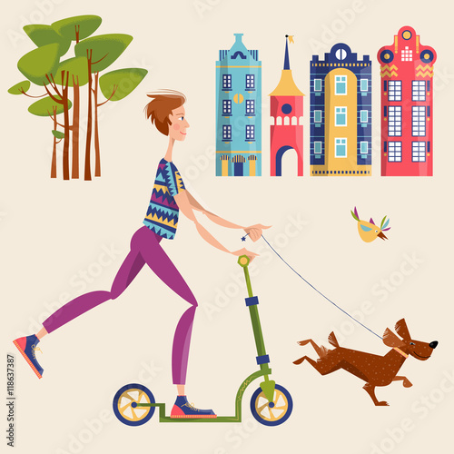 A man on a scooter walking a dog in a city.