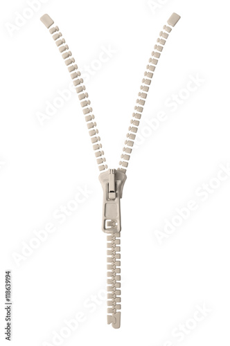 Open creamy white ivory zipper pull concept unzip metaphor, isolated macro closeup, large detailed partially opened half zippered blank empty copy space, unzipped background, vertical studio shot 