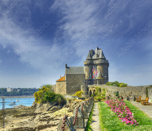 Port Solidor at low tide and the Solidor tower, Saint Malo in Brittany, France.