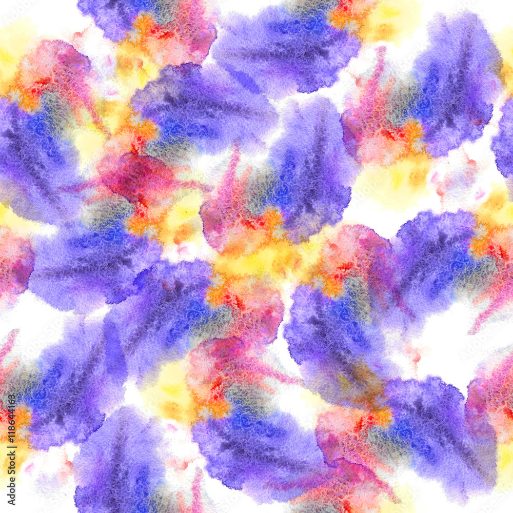 Seamless watercolor splashes pattern. Aquarelle pink, golden and purple shades, looks like flower petals, on white background. Abstract texture. Textile print. Wallpaper.