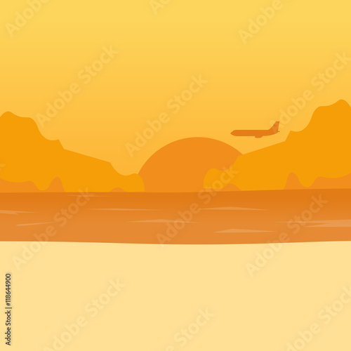 Travel illustration. Flat vector. Sunset. Cartoon background for game design. Game location