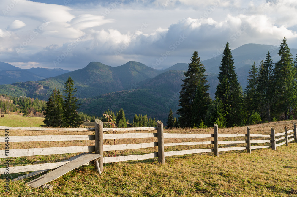 Summer landscape with a wooden fence in a mountain village