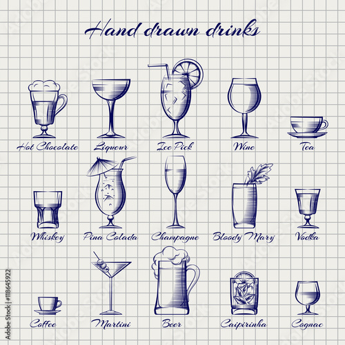 Set of popular drinks vector. Hand drawn alcoholic and non-alcoholic drinks on notebook page photo