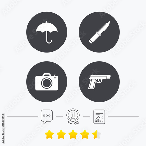 Gun weapon. Knife, umbrella and photo camera.