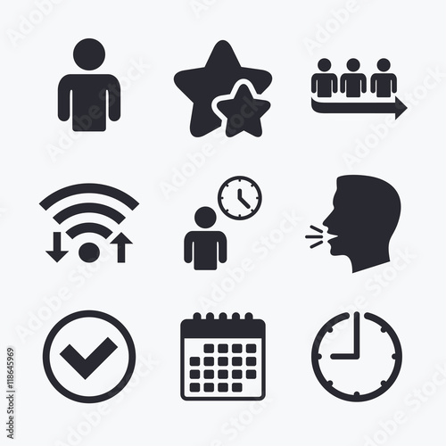 Queue icon. Person waiting sign. Check and time.