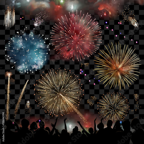 Holiday Celebration with fireworks show at night, silhouette of people watching a festive fireworks display, set vector graphic elements