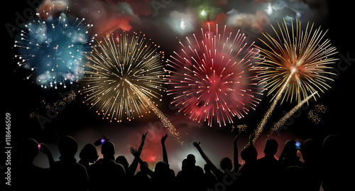 Holiday Celebration with fireworks show at night, silhouette of people watching a festive fireworks display, vector background