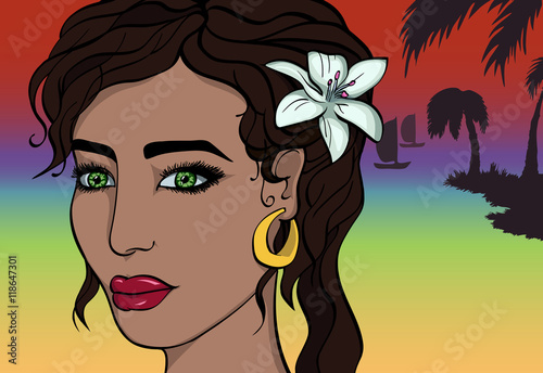 Cartoon Asian Girl on Sunset Beach. Flower in Hair. Tropical 
