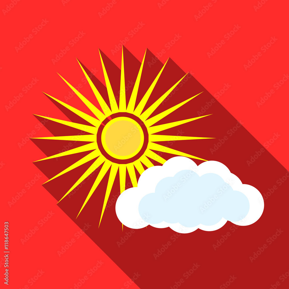 Sun and clouds icon in flat style with long shadow. Weather symbol