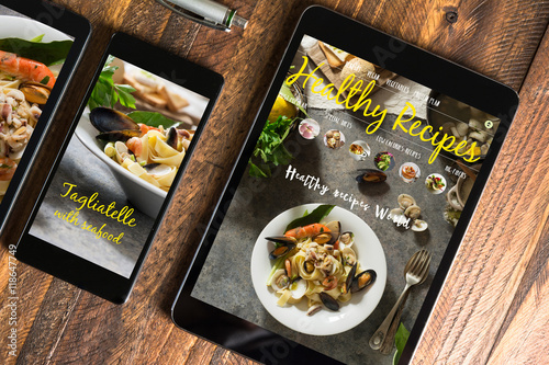  tablet and smartphone healthy recipes blog on screen. Web on th
