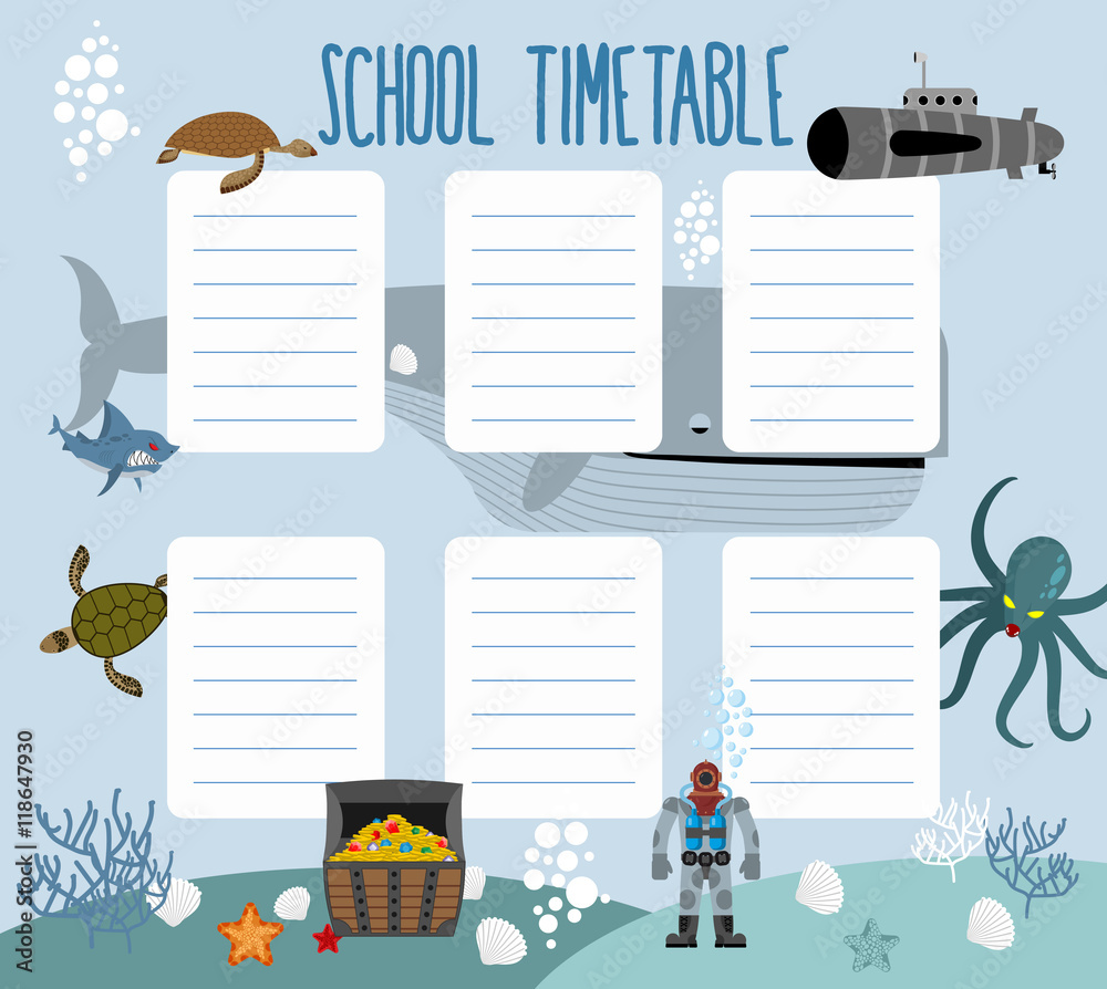 School schedule with underwater world. timetable Lesson plans al