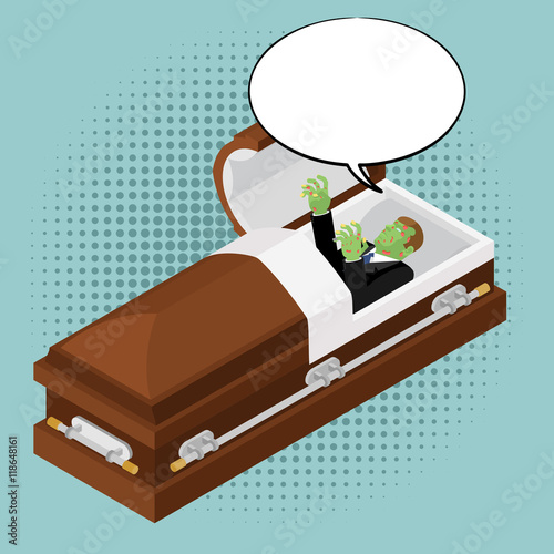 Zombies in coffin in pop art style. Green dead man in wooden she