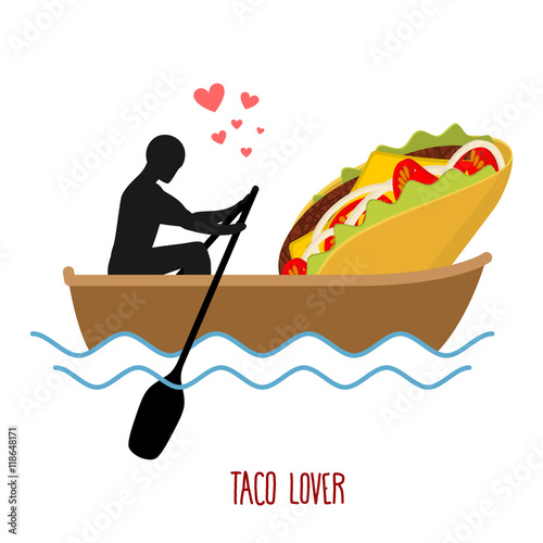 Lover taco. Man and fastfood and ride in boat. Lovers of sailing