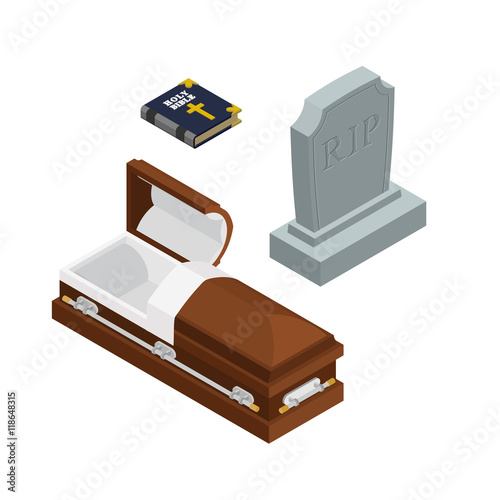 burial set. Open wood coffin with dead. Holy Bible. Tombstone an