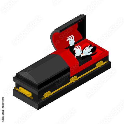 Dracula in coffin. Vampire Count in an open coffin. Ghoul in cas