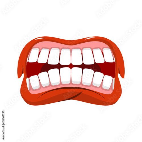 Angry mouth. aggressive emotion. Straseni grin. White teeth and