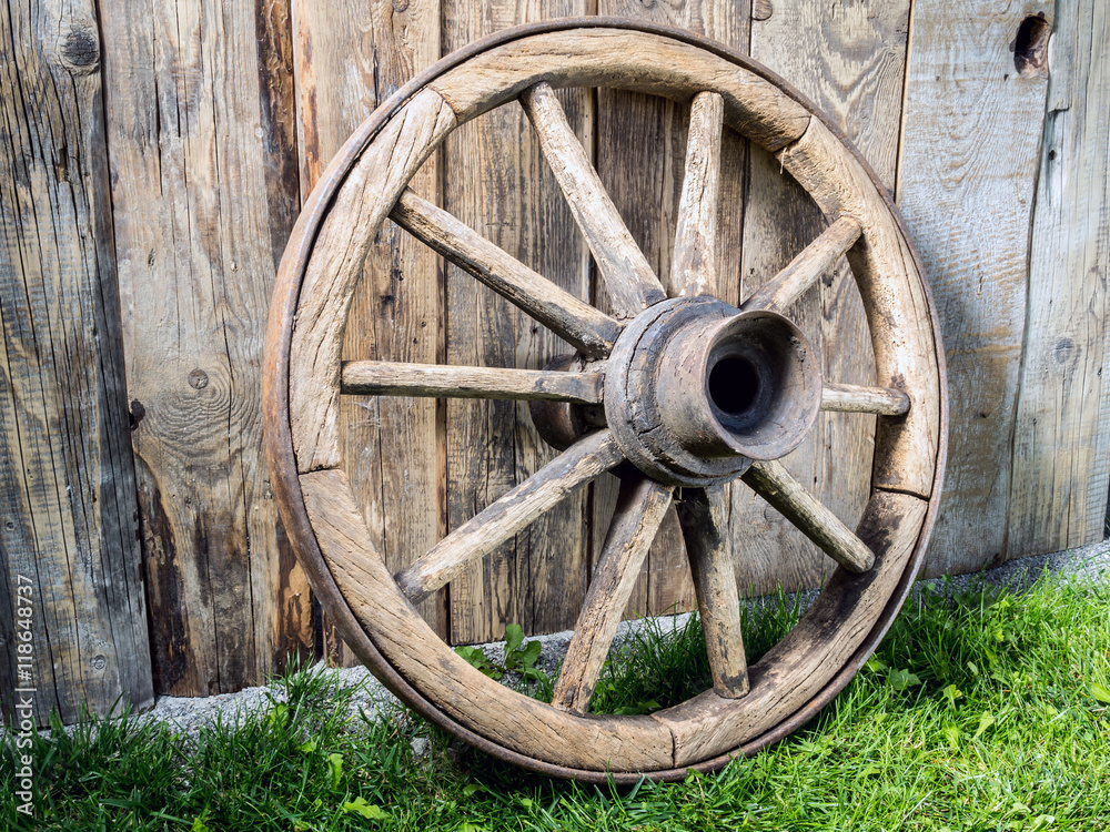 Old wooden wagon wheel