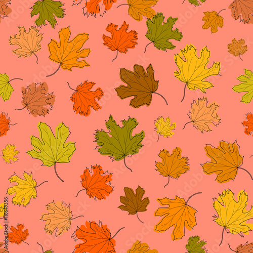 Autumn seamless pattern of colored maple leaves on a pink background