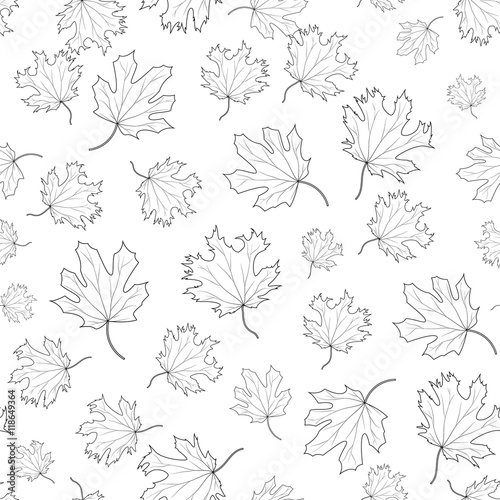 Black and white seamless pattern of maple leaves of various sizes