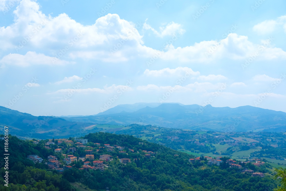 San-Marino - August, 8, 2016: Panorama with views of the surrounding area of San-Marino, one of the smallest counties in the world