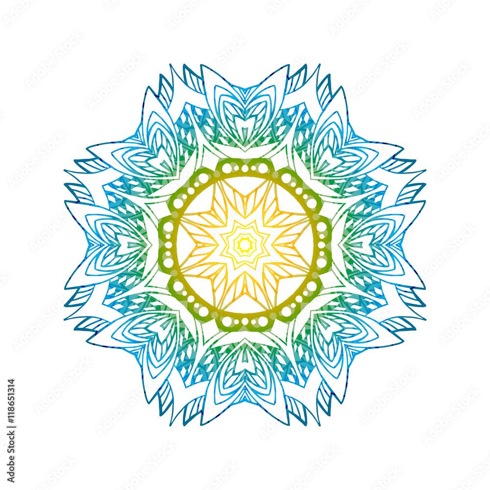 Round decorative tracery in oriental style ornament. Hand drawn colorful vector pattern on white background.