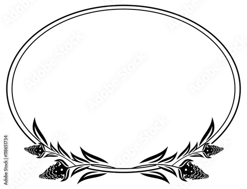 Black and white oval frame with decorative flowers silhouettes. Vector clip art.