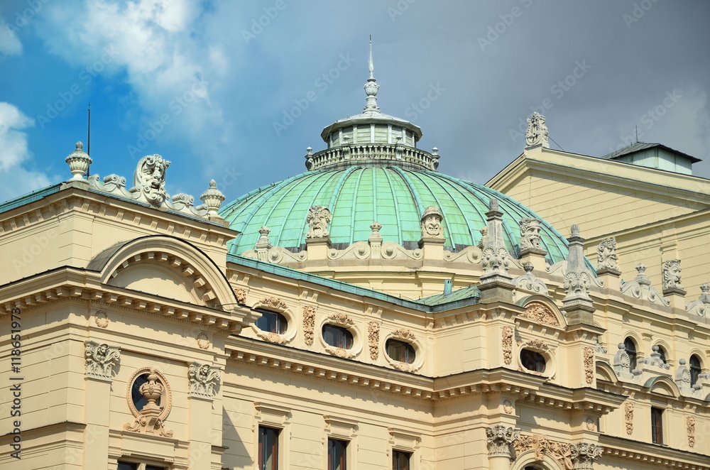Roof of the Juliusz Slowacki Theater in the Old Town district of Krakow in Poland.