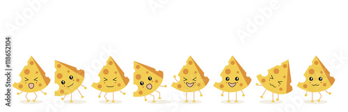 The illustration.The eight triangular pieces of cheese yellow ,dance and laugh in various poses on a white background.