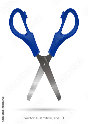 Open scissors with plastic blue handles isolated on a white background. Realistic vector illustration