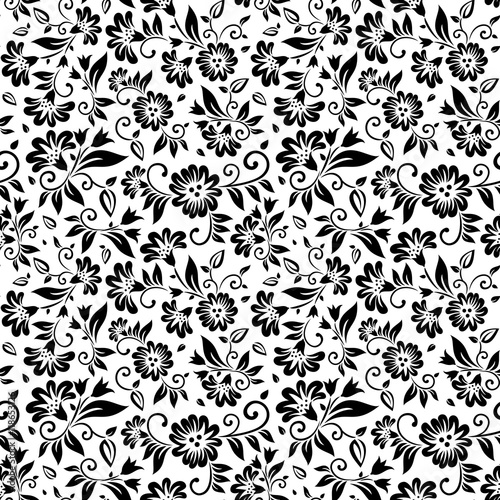 floral seamless pattern in black and white with leaves and flower design elements