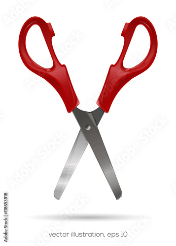 Open scissors with plastic red handles isolated on a white background. Realistic vector illustration