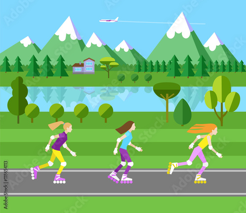 Three girls rollerblading.
