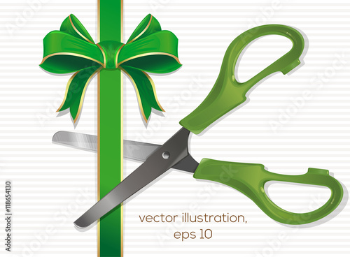 Scissors cut the green ribbon with a bow. Vector illustrations