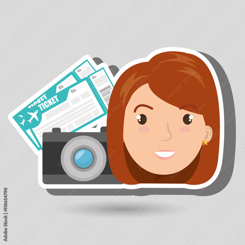 woman camera tickets travel vector illustration  design