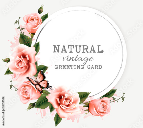 Nature vintage greeting card with beauty flowers and butterfly.
