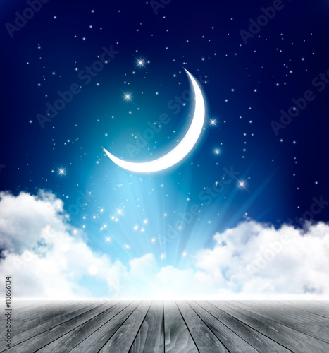 Night sky background with with crescent moon, clouds and stars.