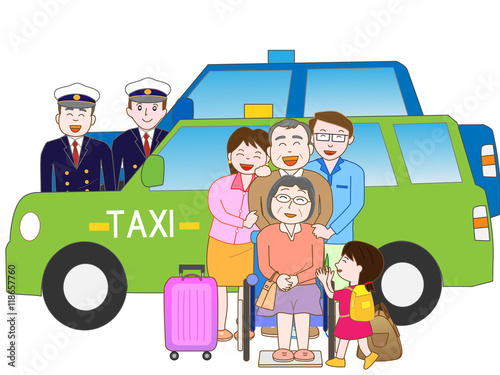 旅行でタクシーを利用して移動する家族