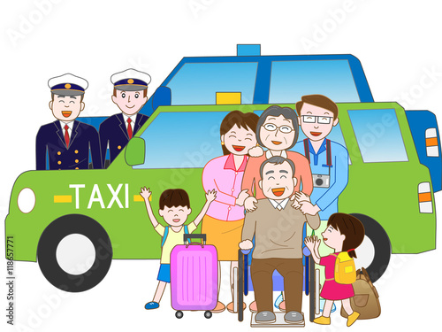 旅行でタクシーを利用して移動する家族