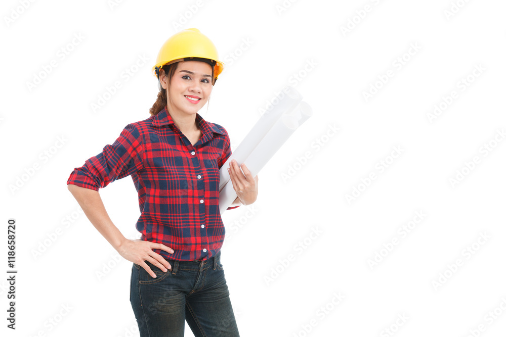 Asian engineer woman with blueprints isolated on white backgroun Asian engineer woman with blueprints isolated on white backgroun