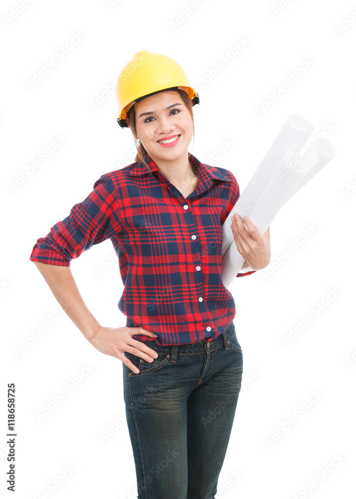 Asian engineer woman with blueprints isolated on white backgroun Asian engineer woman with blueprints isolated on white backgroun