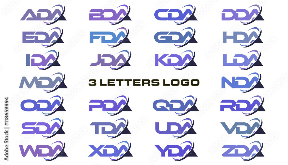 3 letters modern swoosh logo  ADA, BDA, CDA, DDA, EDA, FDA, GDA, HDA, IDA, JDA, KDA, LDA, MDA, NDA, ODA, PDA, QDA, RDA, SDA, TDA, UDA, VDA, WDA, XDA, YDA, ZDA. - obrazy, fototapety, plakaty 