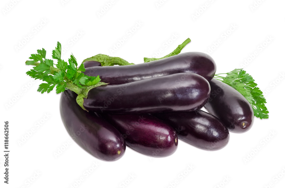 Pile of an eggplants and parsley sprigs on a light background Pile of an eggplants and parsley sprigs on a light background