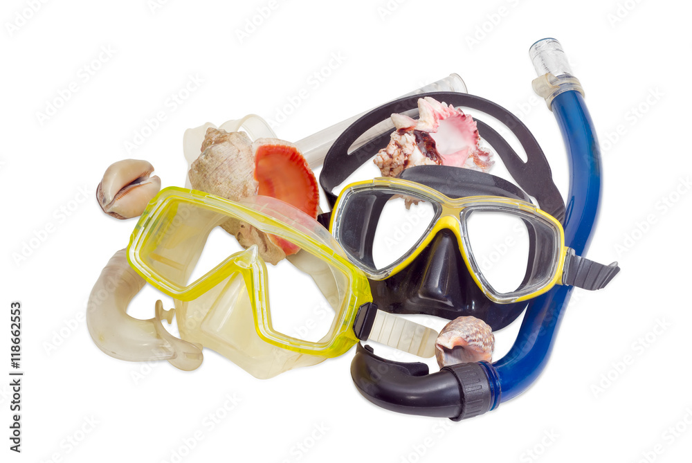 Two different diving masks and several sea shells Two different diving masks and several sea shells