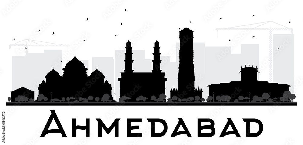 Ahmedabad City skyline black and white silhouette.