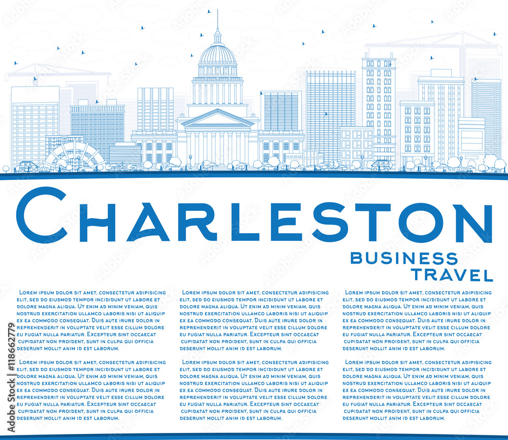 Outline Charleston Skyline with Blue Buildings and Copy Space.
