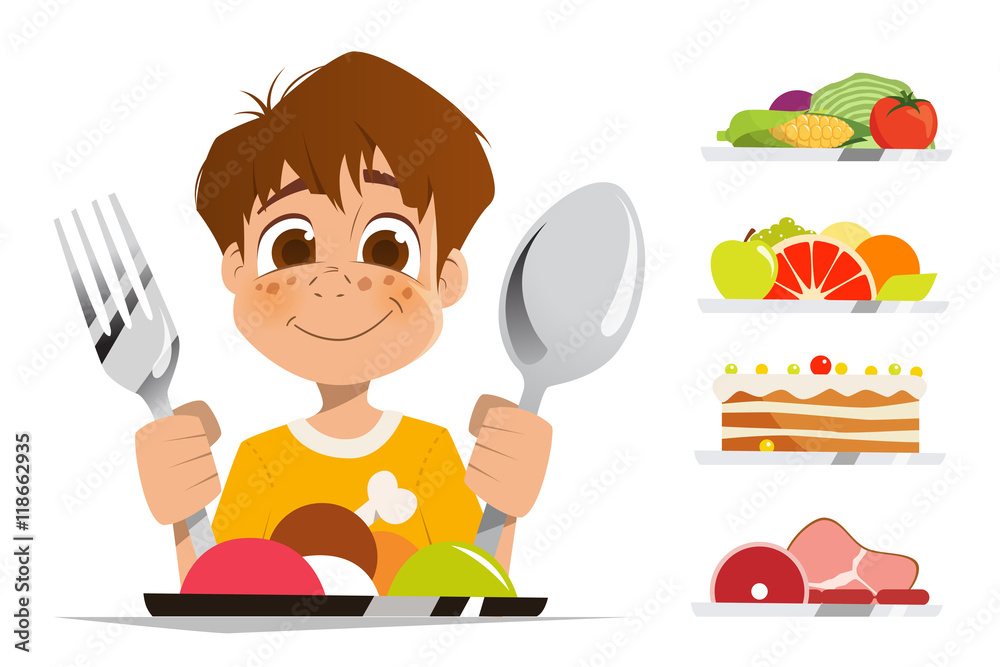 Boy kid child holding spoon and fork eating meal dish Stock Vector