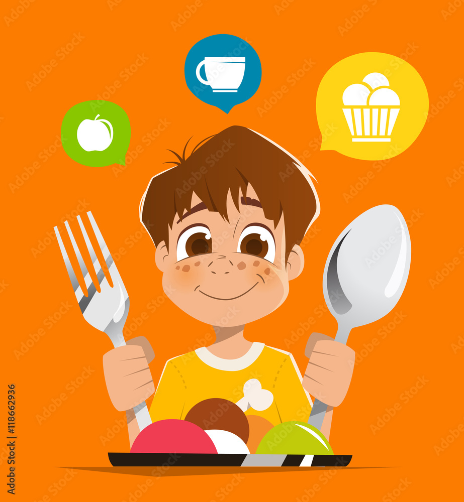 Vetor de Boy kid child holding spoon and fork eating meal dish do Stock